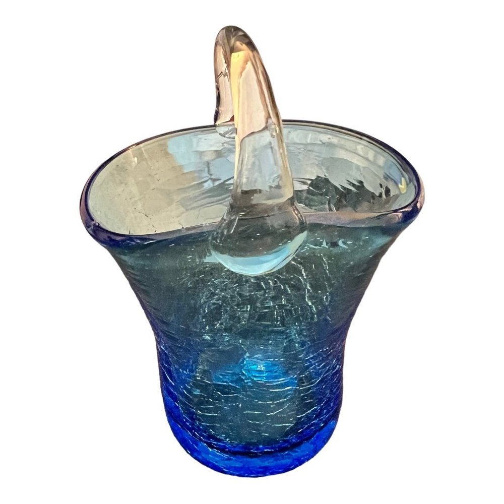 Art Glass Blue Crackled Glass Basket Vase Flower Pot With Handle Hand Blown 3.5" - Picture 8 of 10